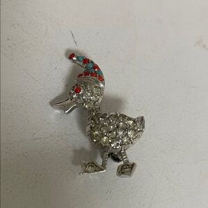 Source Unknown Silver-Tone Duck Brooch with Red and Turquoise Accents